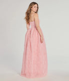 The Jayla Floral Rosette A-Line Ball Gown in luxe pink fabric, a stunning prom dress with statement details designed to make a bold impression at Prom 2025.