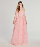 The Jayla Floral Rosette A-Line Ball Gown in luxe pink fabric, a stunning prom dress with statement details designed to make a bold impression at Prom 2025.