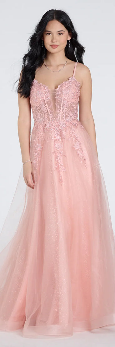 The Alessa Lace-Up Corset A-Line Ball Gown in luxe pink fabric, a stunning prom dress with statement details designed to make a bold impression at Prom 2025.