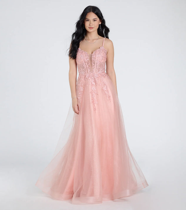 The Alessa Lace-Up Corset A-Line Ball Gown in luxe pink fabric, a stunning prom dress with statement details designed to make a bold impression at Prom 2025.