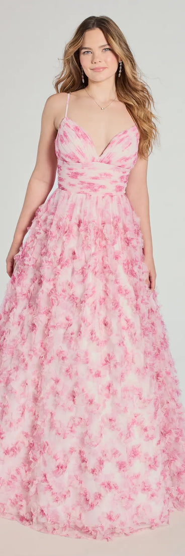 Own the spotlight in the Caitlyn Lace-Up Rose Floral A-Line Formal Dress, a pink formal dress crafted to deliver luxe style for autumn weddings, Military Balls, or any special event.