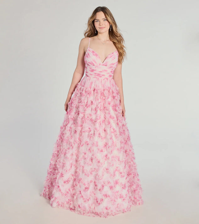 Step into Prom 2025 in a pink prom dress, where unique Windsor accents and the standout Caitlyn Lace-Up Rose Floral A-Line Formal Dress style come together.