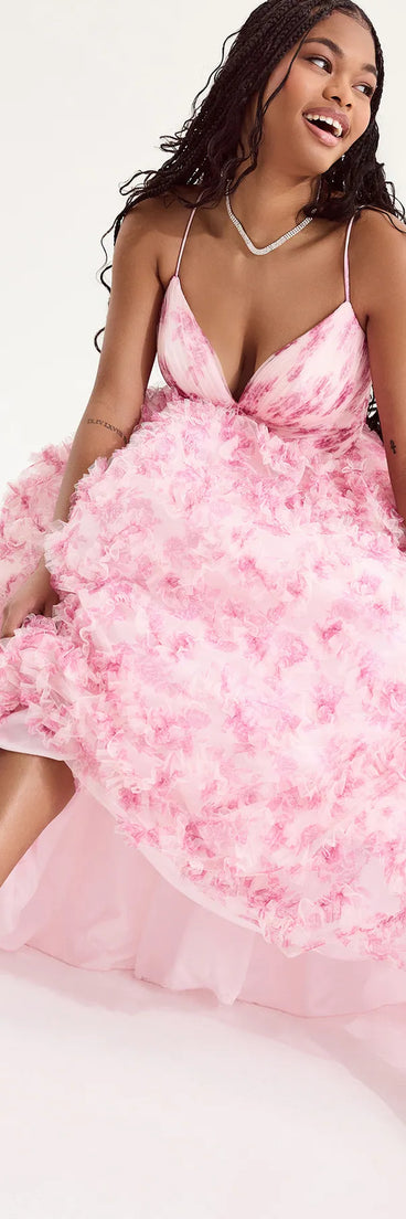 Turn heads at Prom 2025 in this pink prom dress, where statement-making details meet the iconic style of the Caitlyn Lace-Up Rose Floral A-Line Formal Dress .