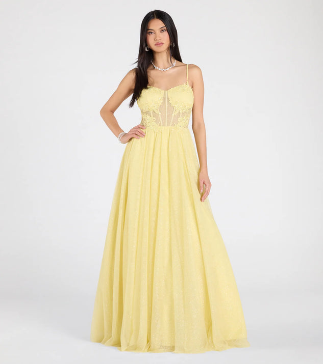 The Tia Sweetheart Lace Applique A-Line Ball Gown in luxe yellow fabric, a stunning prom dress with statement details designed to make a bold impression at Prom 2025.
