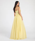 The Tia Sweetheart Lace Applique A-Line Ball Gown in luxe yellow fabric, a stunning prom dress with statement details designed to make a bold impression at Prom 2025.