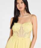 The Tia Sweetheart Lace Applique A-Line Ball Gown in luxe yellow fabric, a stunning prom dress with statement details designed to make a bold impression at Prom 2025.