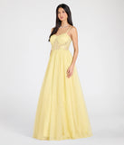 The Tia Sweetheart Lace Applique A-Line Ball Gown in luxe yellow fabric, a stunning prom dress with statement details designed to make a bold impression at Prom 2025.