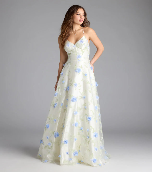 Step into milestone moments with the Nalini Lace-Up A-Line Floral Ball Gown, a standout in ivory dresses perfect for birdal showers, Easter celebrations, and 2025 grad looks.