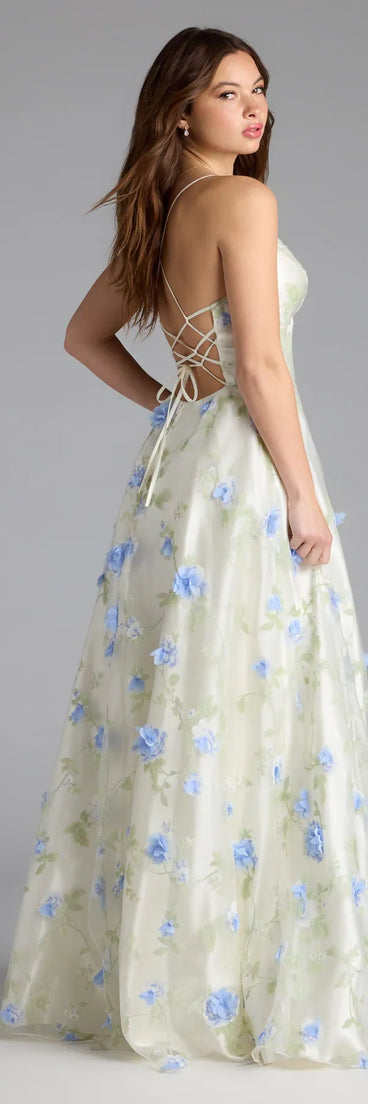 Step into milestone moments with the Nalini Lace-Up A-Line Floral Ball Gown, a standout in ivory dresses perfect for birdal showers, Easter celebrations, and 2025 grad looks.