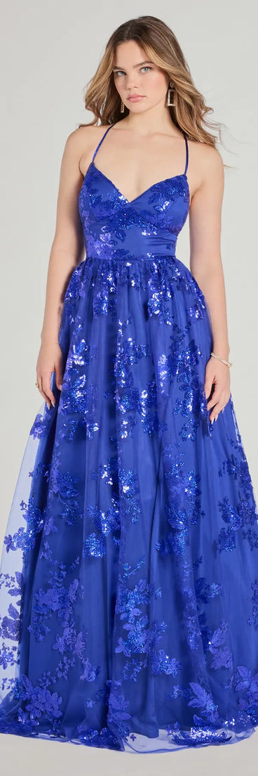 Own the spotlight in the Sharen Lace-Up A-Line Sequin Ball Gown, a royal blue formal dress crafted to deliver luxe style for summer weddings, Army Balls, or any special event.