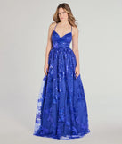 The Sharen Lace-Up A-Line Sequin Ball Gown in luxe royal blue fabric, a stunning prom dress with statement details designed to make a bold impression at Prom 2025.