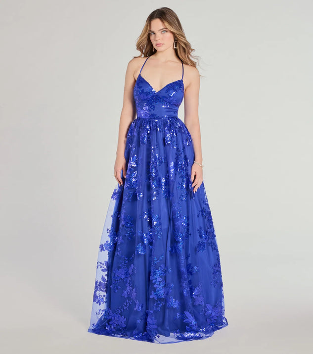 The Sharen Lace-Up A-Line Sequin Ball Gown in luxe royal blue fabric, a stunning prom dress with statement details designed to make a bold impression at Prom 2025.