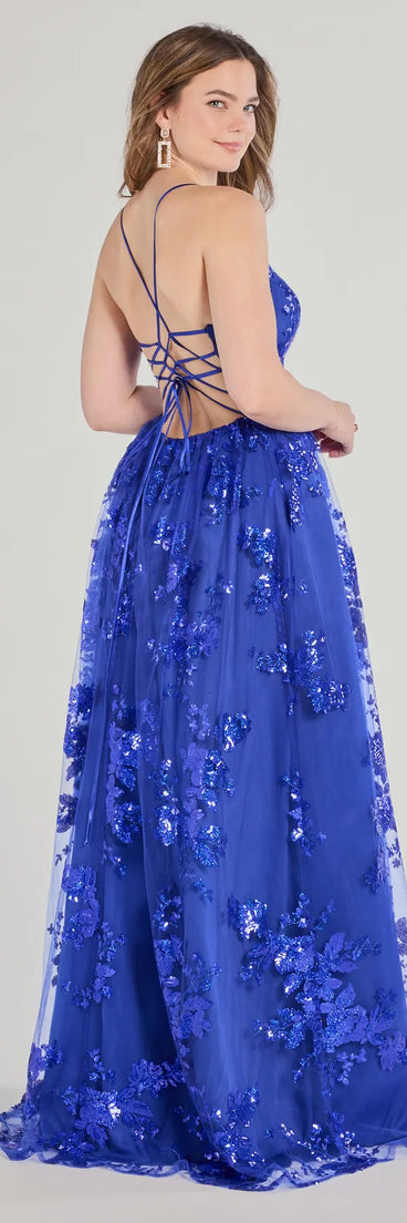 Step into the Prom 2025 dance in the Sharen Lace-Up A-Line Sequin Ball Gown in royal, a stunning blue prom dress designed to complement any theme with its timeless allure and statement-making style.