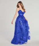 The Sharen Lace-Up A-Line Sequin Ball Gown in luxe royal blue fabric, a stunning prom dress with statement details designed to make a bold impression at Prom 2025.
