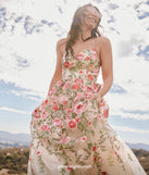 Make a bold statement in the Felicity Lace-Up A-Line Floral Tulle Ball Gown in nude, the perfect spring dress for weddings, cocktail hours, nights out, and/or seasonal celebrations.