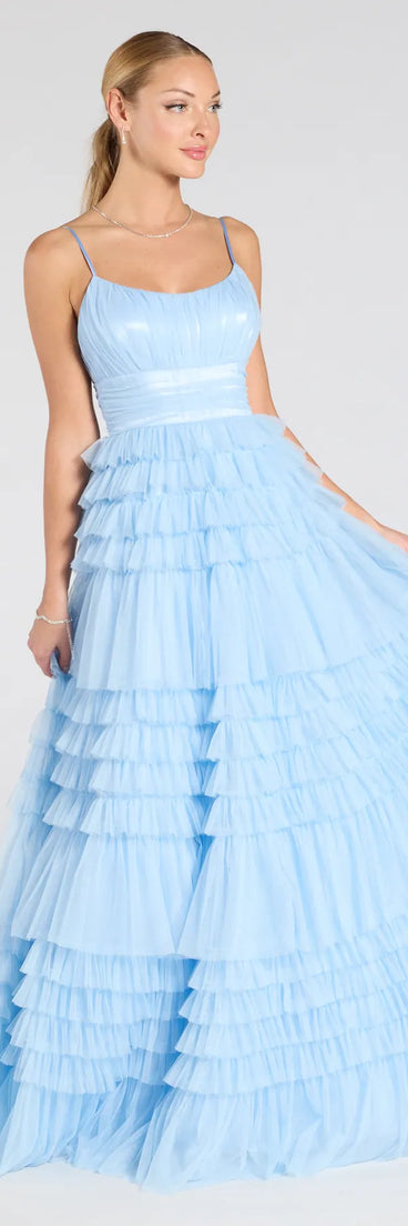 The Elle Ruffled Tiered A-Line Formal Dress in luxe light blue fabric, a stunning prom dress with statement details designed to make a bold impression at Prom 2025.