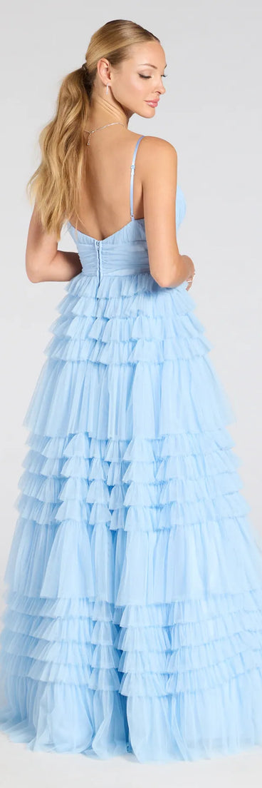Step into the Prom 2025 dance in the Elle Ruffled Tiered A-Line Formal Dress in light blue, a stunning blue prom dress designed to complement any theme with its timeless allure and statement-making style.