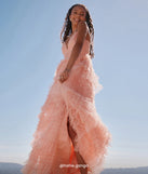 Make a bold statement in the Amabella Ruffled Glitter Tulle Ball Gown in coral, the perfect spring dress for weddings, cocktail hours, nights out, and/or seasonal celebrations.
