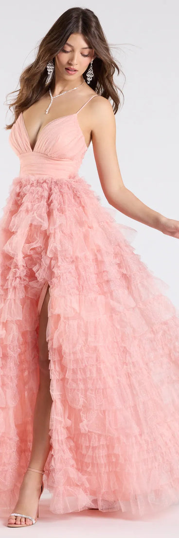 Make a bold statement in the Amabella Ruffled Glitter Tulle Ball Gown in coral, the perfect summer dress for weddings, cocktail hours, nights out, and/or seasonal celebrations.