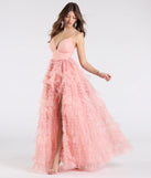 Make a bold statement in the Amabella Ruffled Glitter Tulle Ball Gown in coral, the perfect spring dress for weddings, cocktail hours, nights out, and/or seasonal celebrations.