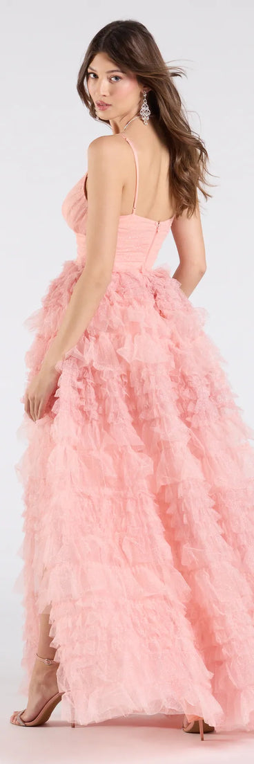 Make a bold statement in the Amabella Ruffled Glitter Tulle Ball Gown in coral, the perfect summer dress for weddings, cocktail hours, nights out, and/or seasonal celebrations.
