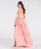 Make a bold statement in the Amabella Ruffled Glitter Tulle Ball Gown in coral, the perfect spring dress for weddings, cocktail hours, nights out, and/or seasonal celebrations.