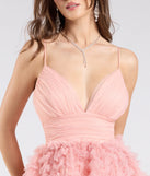 Make a bold statement in the Amabella Ruffled Glitter Tulle Ball Gown in coral, the perfect spring dress for weddings, cocktail hours, nights out, and/or seasonal celebrations.