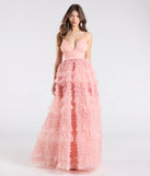 Make a bold statement in the Amabella Ruffled Glitter Tulle Ball Gown in coral, the perfect spring dress for weddings, cocktail hours, nights out, and/or seasonal celebrations.