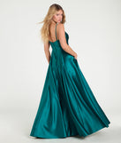 The Daniela Satin A-Line Ball Gown in hunter is a stunning green prom dress designed to capture attention with its fresh or bold color and effortlessly stylish silhouette.