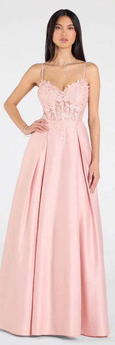 Make a bold statement in the Paloma Corset Applique A-Line Satin Ball Gown in pink, the perfect spring dress for weddings, cocktail hours, nights out, and/or seasonal celebrations.
