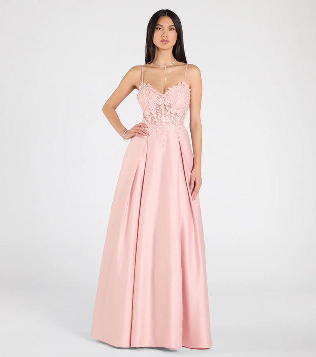 Make a bold statement in the Paloma Corset Applique A-Line Satin Ball Gown in pink, the perfect spring dress for weddings, cocktail hours, nights out, and/or seasonal celebrations.