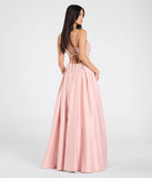 Make a bold statement in the Paloma Corset Applique A-Line Satin Ball Gown in pink, the perfect spring dress for weddings, cocktail hours, nights out, and/or seasonal celebrations.
