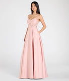 Make a bold statement in the Paloma Corset Applique A-Line Satin Ball Gown in pink, the perfect spring dress for weddings, cocktail hours, nights out, and/or seasonal celebrations.