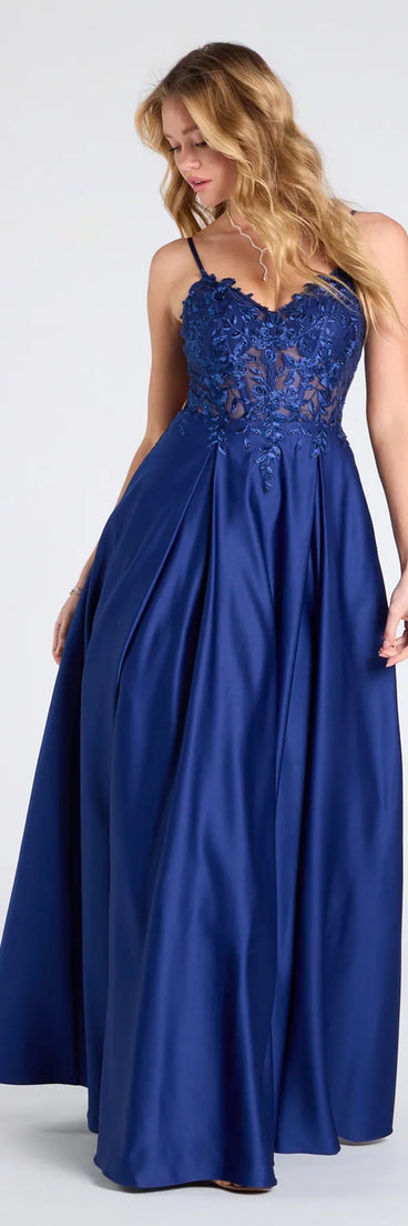 Own the spotlight in the Myra Lace-Up Floral Embroidered A-Line Ball Gown, a navy blue formal dress crafted to deliver luxe style for autumn weddings, Military Balls, or any special event.