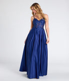 The Myra Lace-Up Floral Embroidered A-Line Ball Gown in luxe navy blue fabric, a stunning prom dress with statement details designed to make a bold impression at Prom 2025.