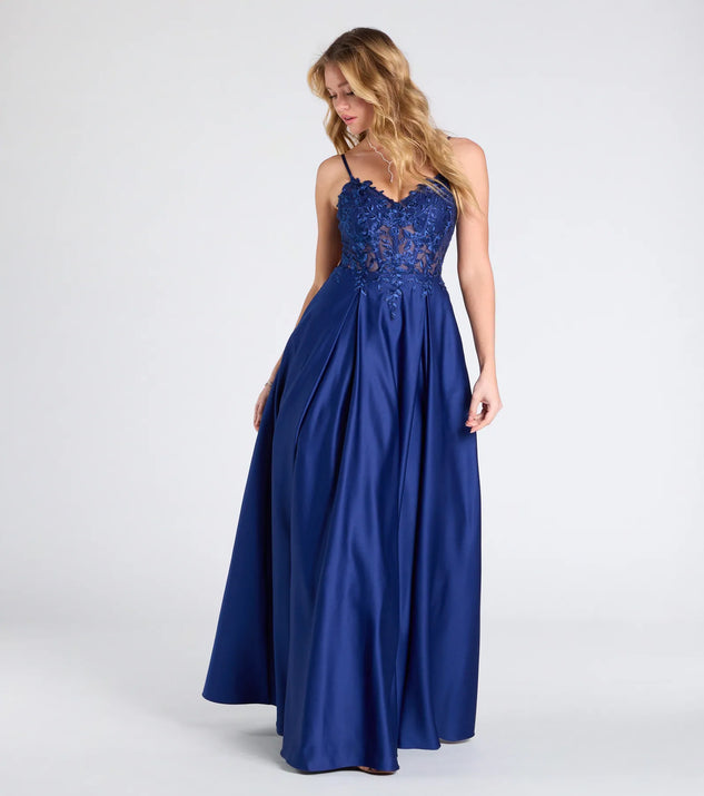 The Myra Lace-Up Floral Embroidered A-Line Ball Gown in luxe navy blue fabric, a stunning prom dress with statement details designed to make a bold impression at Prom 2025.
