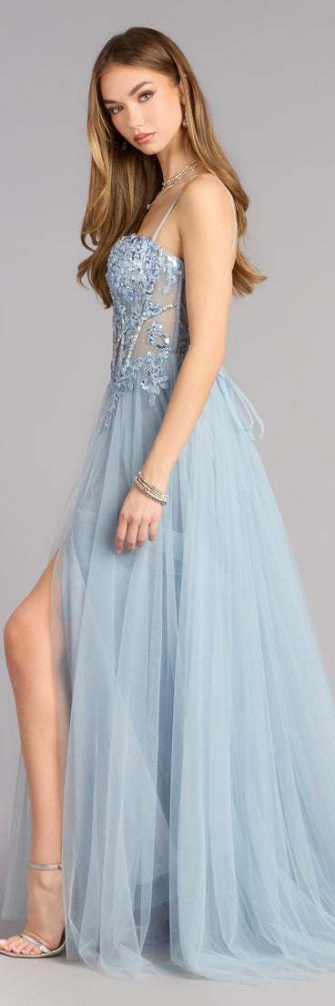 Pick a ball gown from Windsor for your next formal event or special occasion like the Melissa Corset Tulle A-Line Ball Gown in light blue, featuring a voluminous silhouette, structured bodice, and elegant detail.