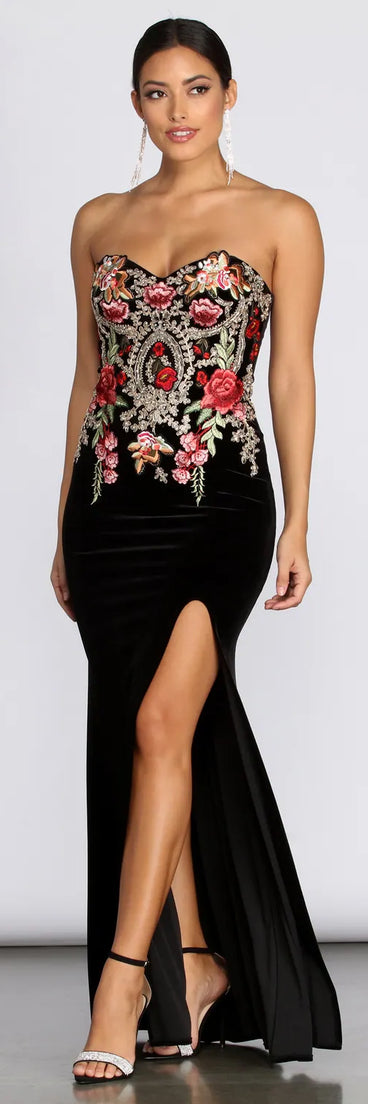 Marissa Embroidered Rose Velvet Dress