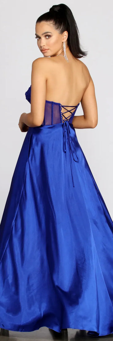 Maya Floral Applique Satin A-Line Dress