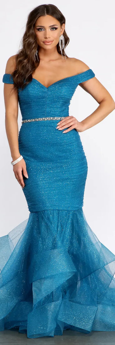 Angelica Off Shoulder Rhinestone Trim Mermaid Dress