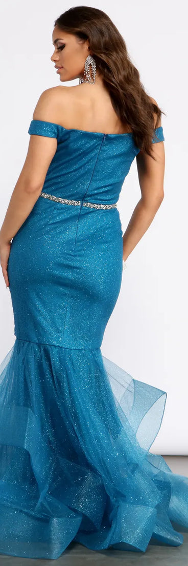 Angelica Off Shoulder Rhinestone Trim Mermaid Dress