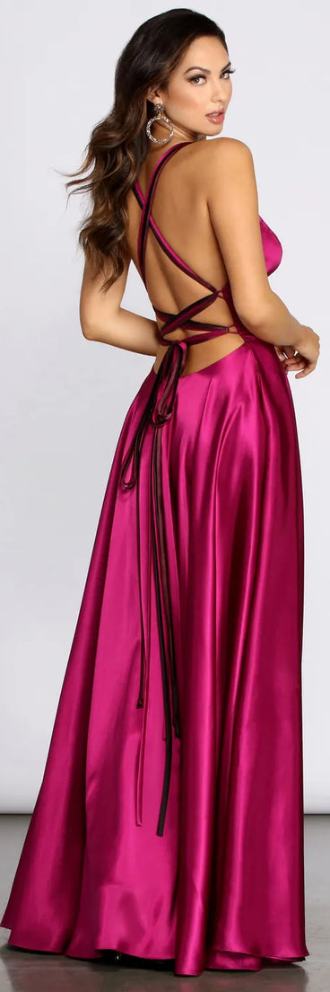 Lyric Cross & Lace Up Back Satin Dress