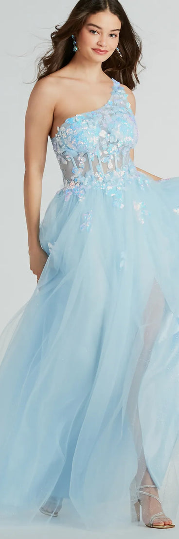 Turn heads in the beaming Arie Floral Applique Sequin A-Line Ball Gown, a stunning multicolor sequin dress designed to add sparkle and elegance to your next night out or special occasion.