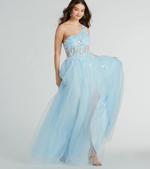 Turn heads in the beaming Arie Floral Applique Sequin A-Line Ball Gown, a stunning multicolor sequin dress designed to add sparkle and elegance to your next night out or special occasion.