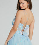 Shine bright in the Arie Floral Applique Sequin A-Line Ball Gown, a glamorous multicolor sequin dress that captures the light beautifully, ideal for an NYE party dress, wedding guest dress, or military ball gown.