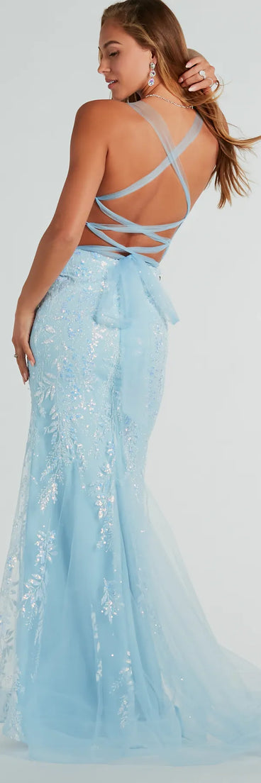 Kennedy Tulle Lace-Up Sequin Glitter Mermaid Gown