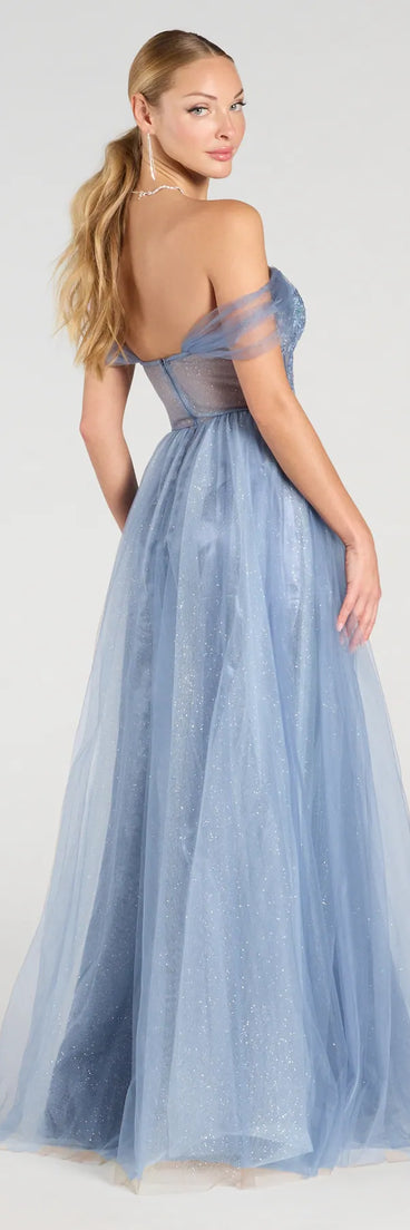 Step into the Prom 2025 dance in the Yarelis Corset A-Line Glitter Tulle Ball Gown in light blue, a stunning blue prom dress designed to complement any theme with its timeless allure and statement-making style.