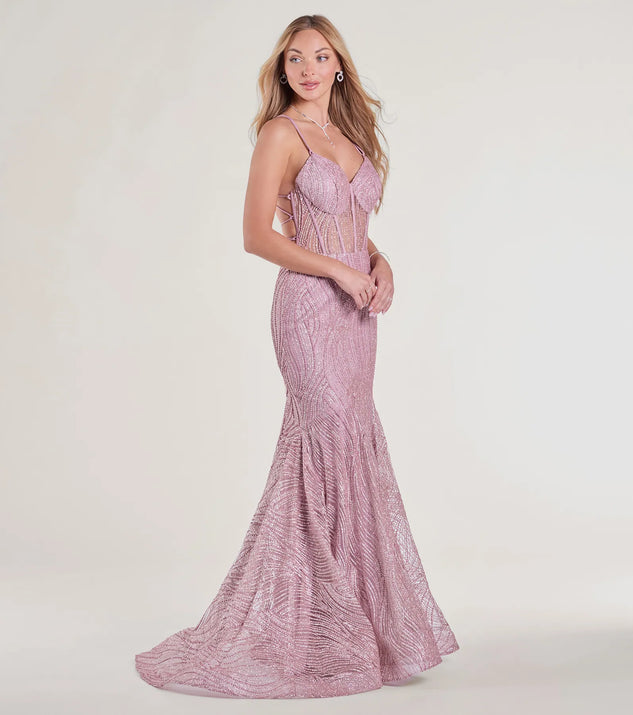 The Loreli Lace-Up Glitter Striped Mermaid Gown in luxe pink fabric, a stunning prom dress with statement details designed to make a bold impression at Prom 2025.