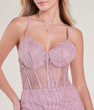 The Loreli Lace-Up Glitter Striped Mermaid Gown in luxe pink fabric, a stunning prom dress with statement details designed to make a bold impression at Prom 2025.