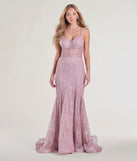 The Loreli Lace-Up Glitter Striped Mermaid Gown in luxe pink fabric, a stunning prom dress with statement details designed to make a bold impression at Prom 2025.